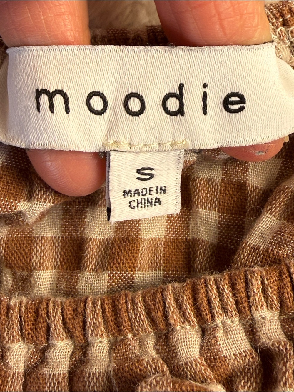 Moodie Brown Gingham Cropped Top with Puffed Sleeves and Elastic Waist, Size S - Picture 4 of 9